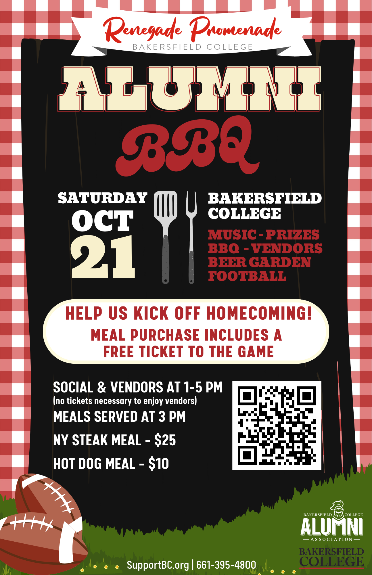 Renegade Promenade: Allumni BBQ on Saturday, October 21 at Bakersfield College. There will be music, prizes, bbq, vendors, and beer garden. Meal purchase includes a free ticket to the homecoming game. Social & vendors is at 1-5 pm, meals are served at 3 pm. NY Steak meal is $25. Hot dog meal is $10.