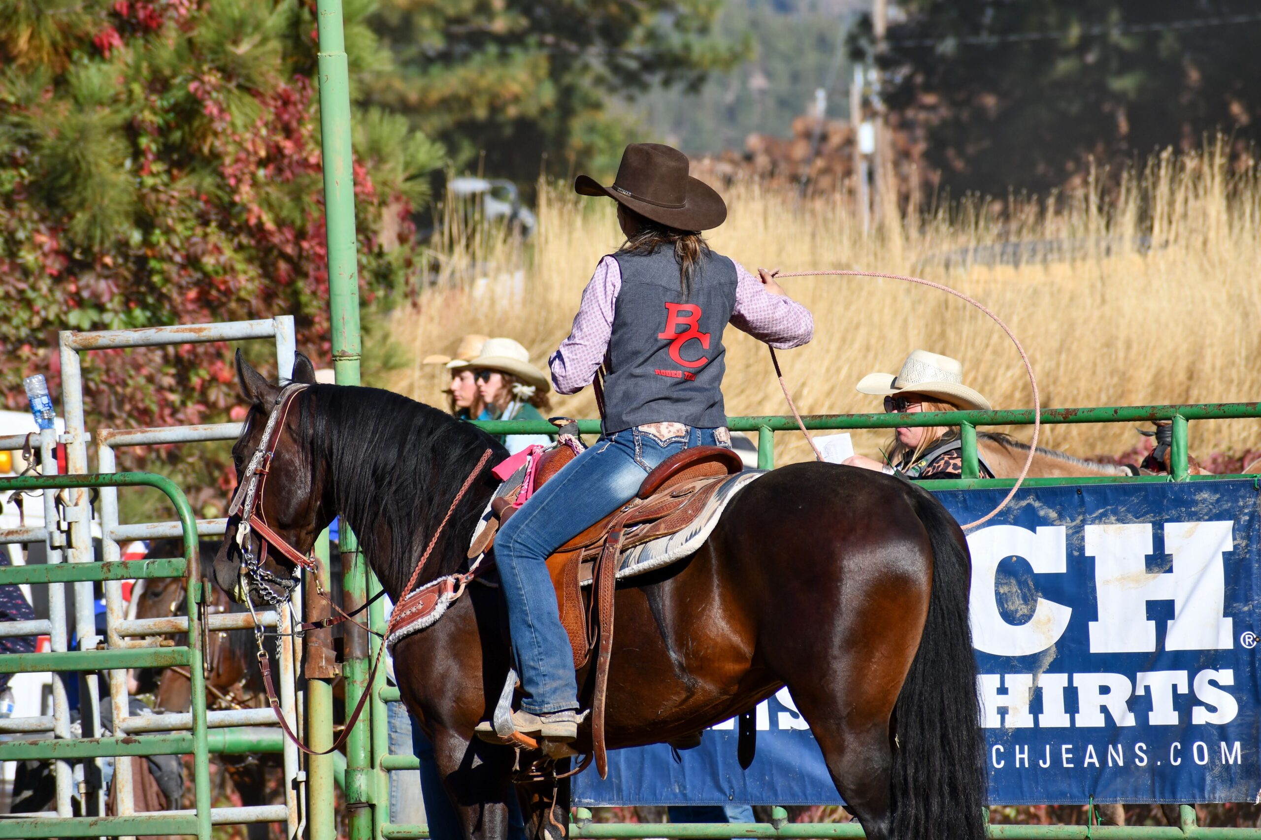 A girl on the BC Rodeo Team competing on her horse.