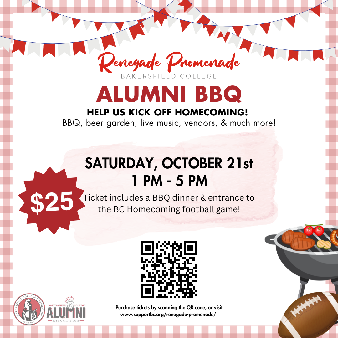 Renegade Promenade, Alumni BBQ. Help us kick off homecoming with a bbq, beer garden, live music, vendors, and much more. The ticket price of $25 includes a bbq dinner and entrance to the BC Homecoming football game.