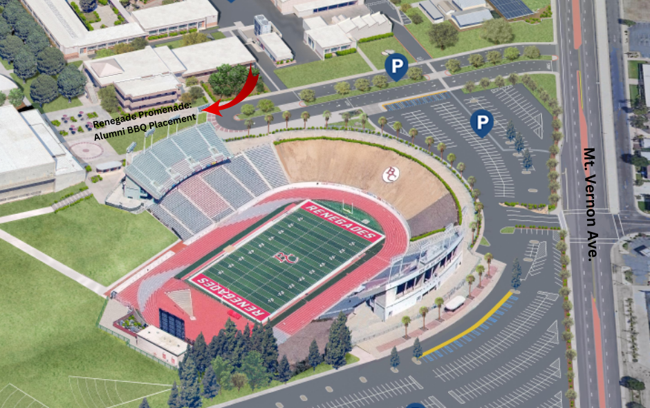 Map showing the placement of the Alumni BBQ at the Bakersfield College campus.