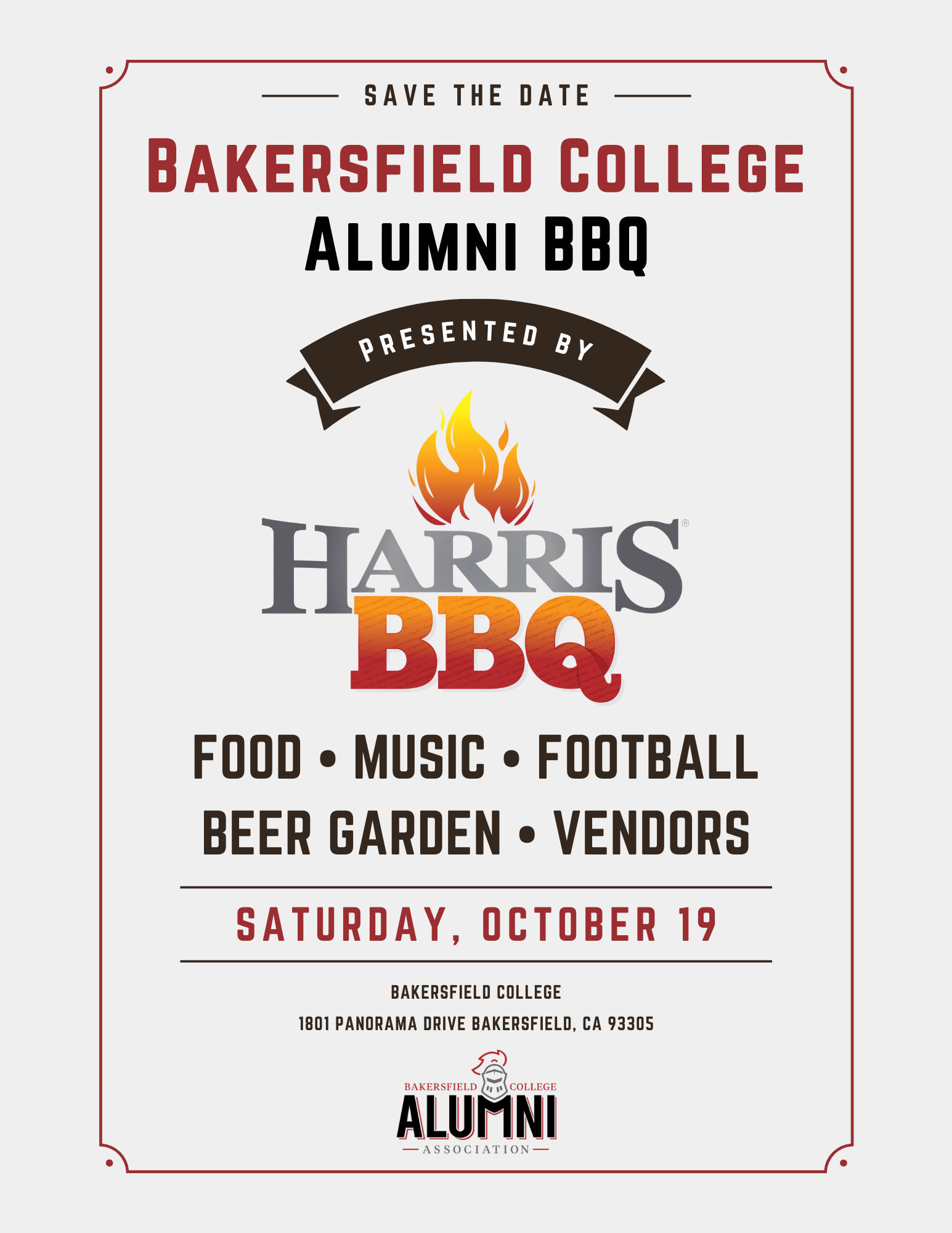 Save the date for Bakersfield College Alumni BBQ presented by Harris Ranch BBQ on Saturday, October 19.