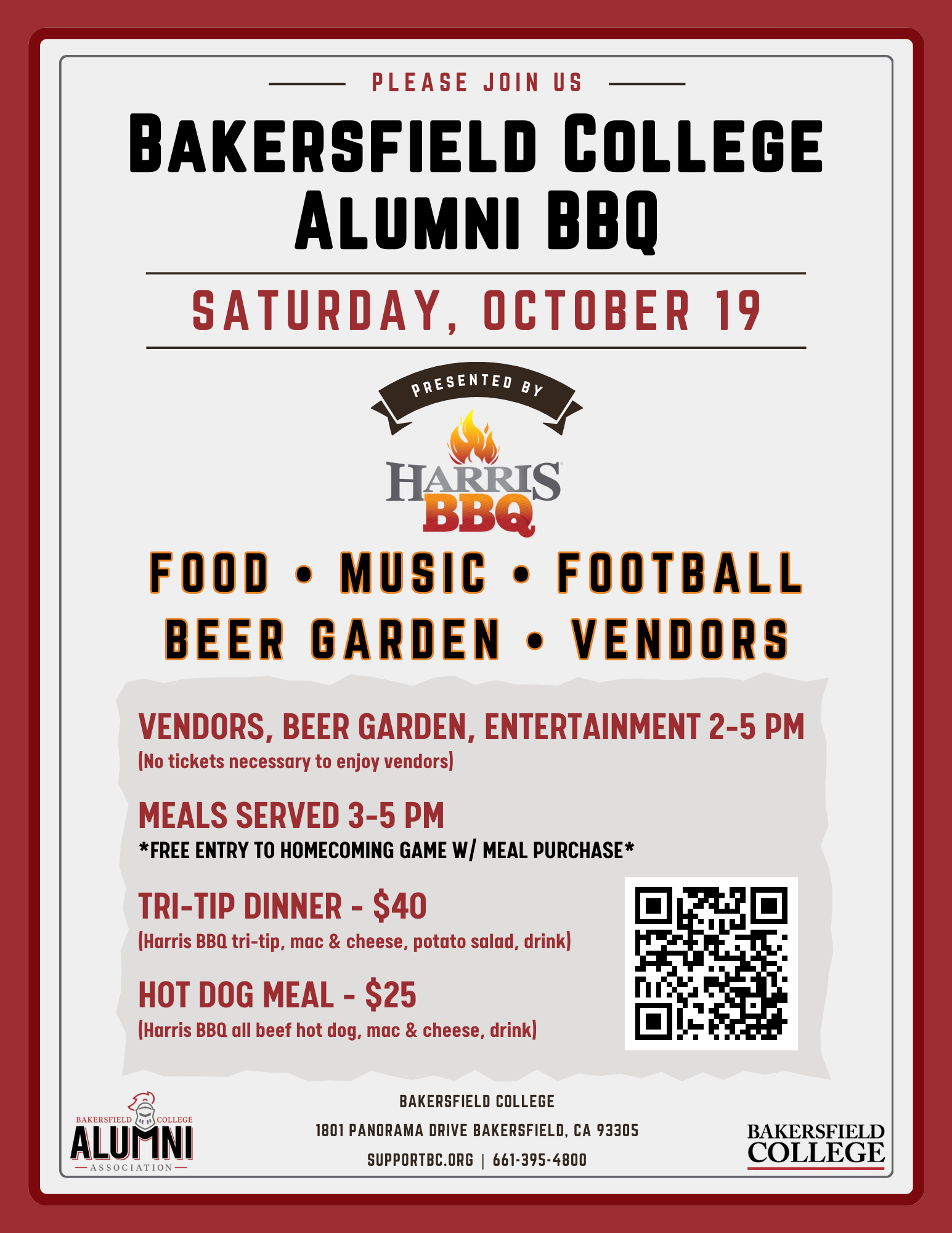 Join us for the BC Alumni BBQ on October 19 at Bakersfield College. Presented by Harris BBQ, vendors 