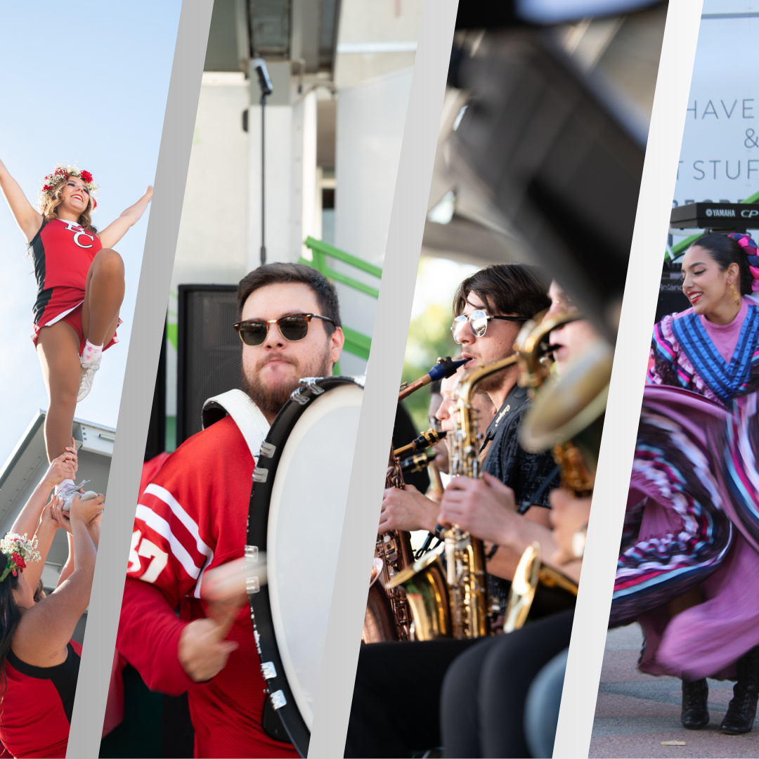 Collage of BC cheer, drumline, jazz, and folklorico 