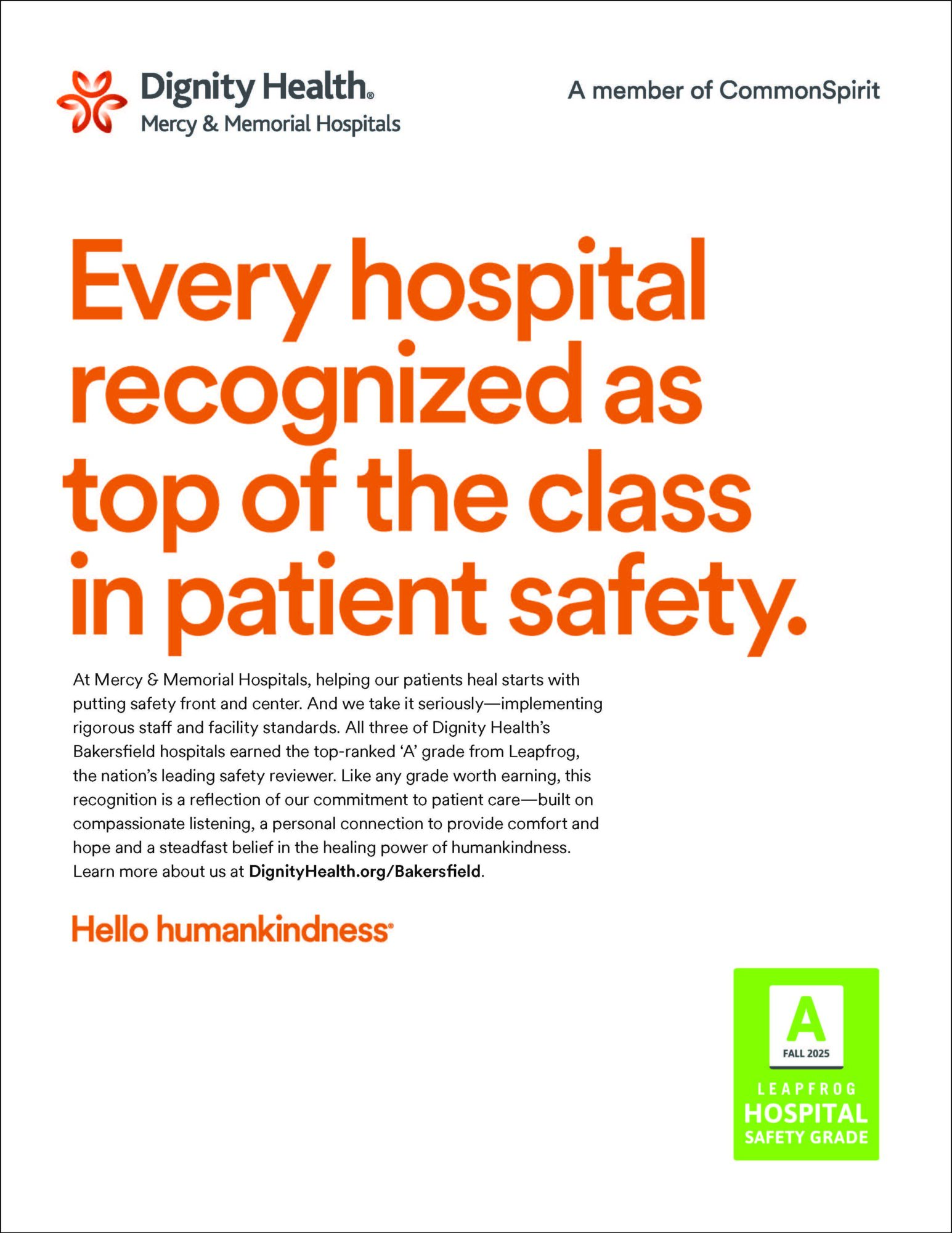 Advertisement from Dignity Health Mercy & Memorial Hospitals announcing that all Bakersfield hospitals earned top ‘A’ grades in patient safety from Leapfrog, emphasizing a commitment to compassionate, high-quality care.