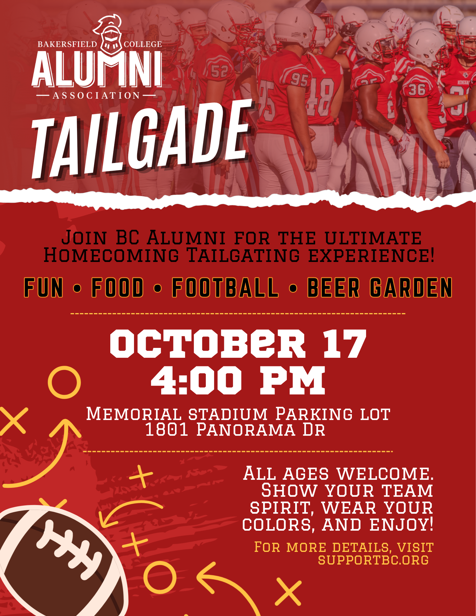 Bakersfield College Alumni Tailgade: Oct. 17 at 4 p.m. in the Memorial Stadium parking lot. All ages welcome.