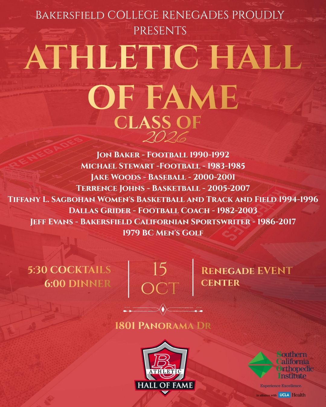 2026 BC Athletics Hall of Fame dinner flyer: Oct. 15 at 5:30 p.m. in the Renegade Event Center.